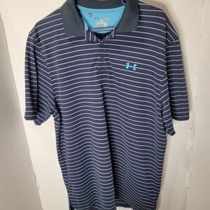 Mens Large Under Armour Blue/Gray/Maroon Stripe Collared Polo Golf Shirt